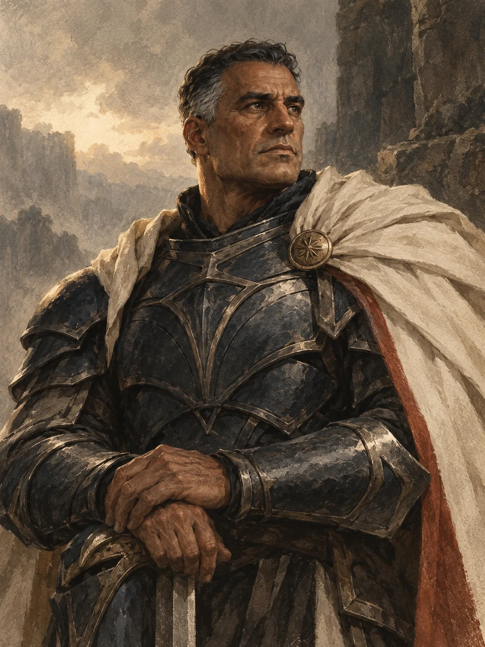 Imagined portrait of a weathered Dalinar in dark armour and a cream cloak, with hands resting together.