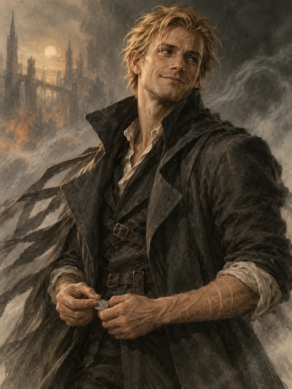 Imagined portrait of Kelsier with blond hair, a confident smile, scarred forearms, and a metal coin.