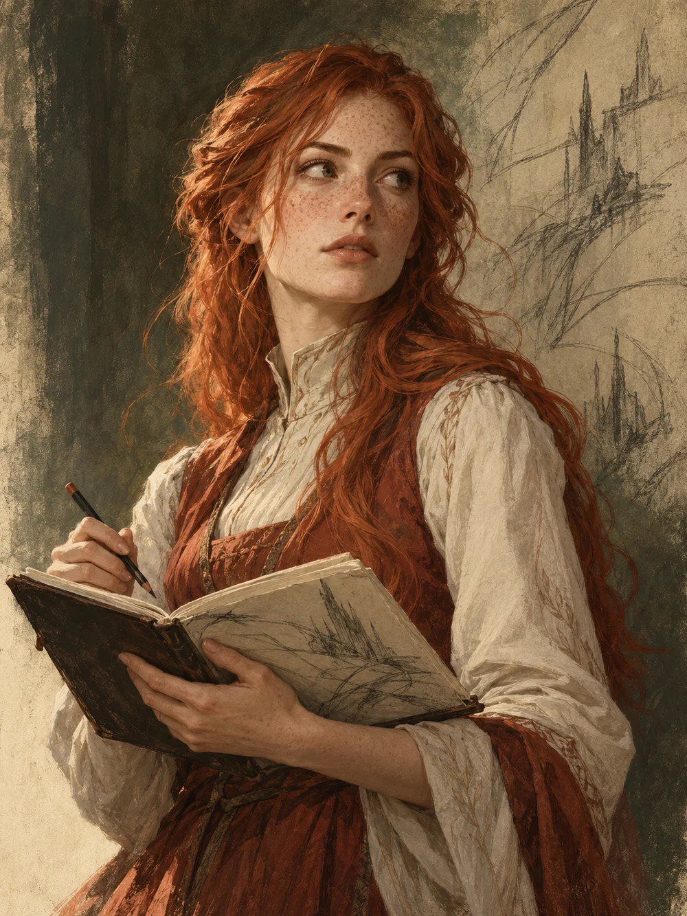 Imagined portrait of Shallan with copper-red hair and freckles, holding a sketchbook and pencil.