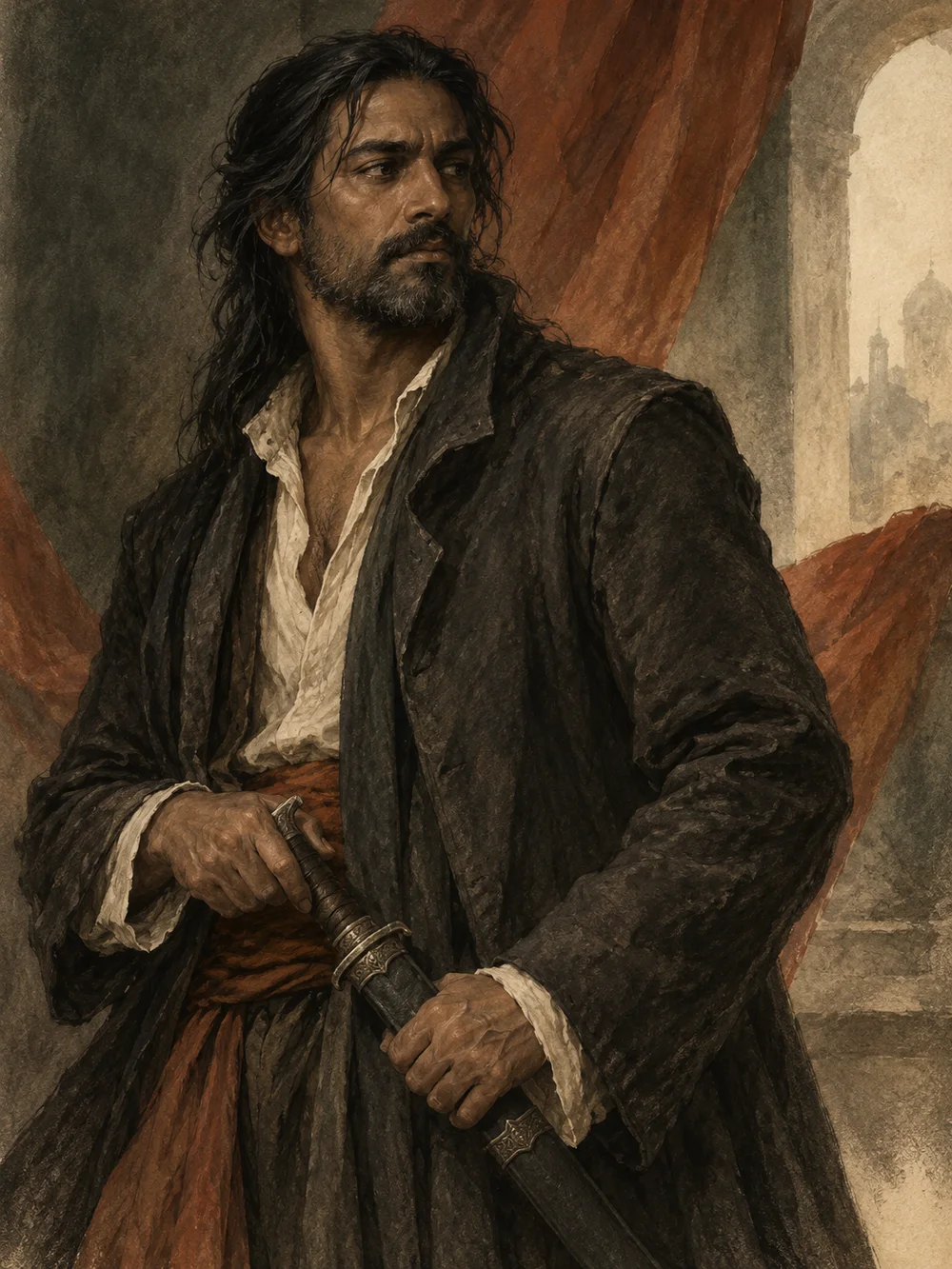 Imagined portrait of Vasher with long dark hair, a rough beard, worn clothing, and a sheathed sword.