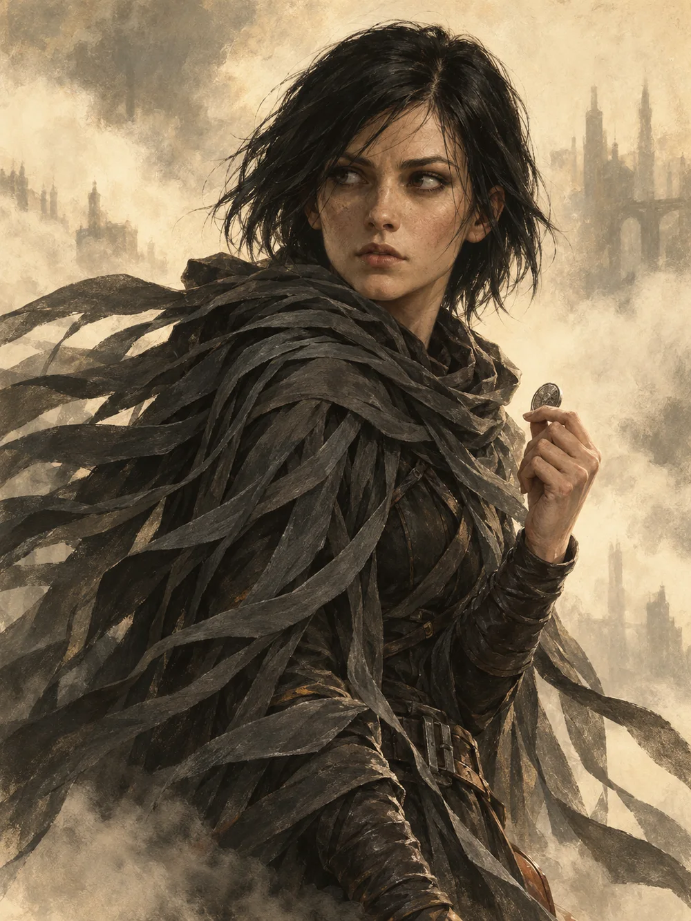 Imagined portrait of Vin with short black hair, a ribboned mistcloak, and a coin held between her fingers.
